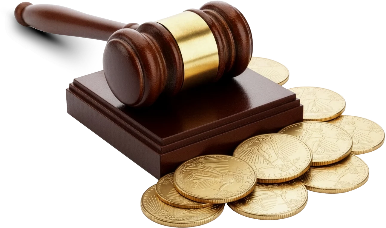 Judge hammer and gold eagle coins
