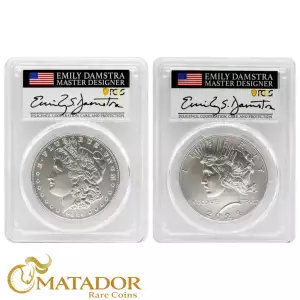 2024 $1 Morgan and Peace Dollar Set PCGS. Perfect Mint State 70, Limited Edition Advanced Release Label. Signed by United States Mint Designer Emily Damstra (2)