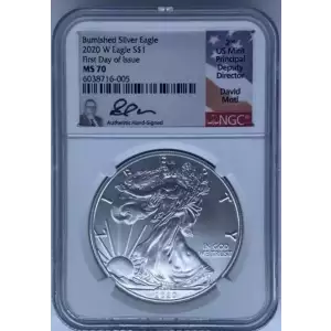 2020-W Silver Eagle Burnished NGC MS70 FDOI Signed by David Motl 2nd US Mint Deputy Director.